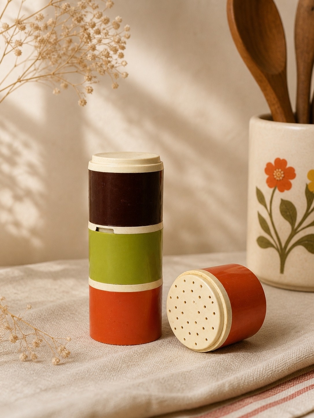 Vintage Stackable Spice Shakers in Olive Green, Burnt Orange & Brown